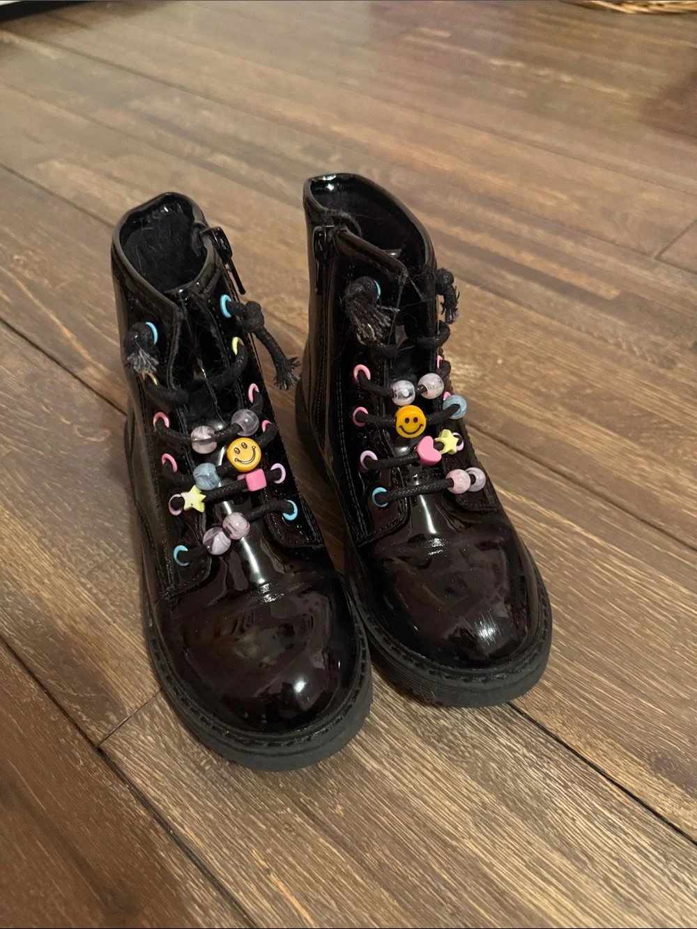 3 for $15 - Kids Black Patent Lace-Up Boots with Colorful Bead Accents